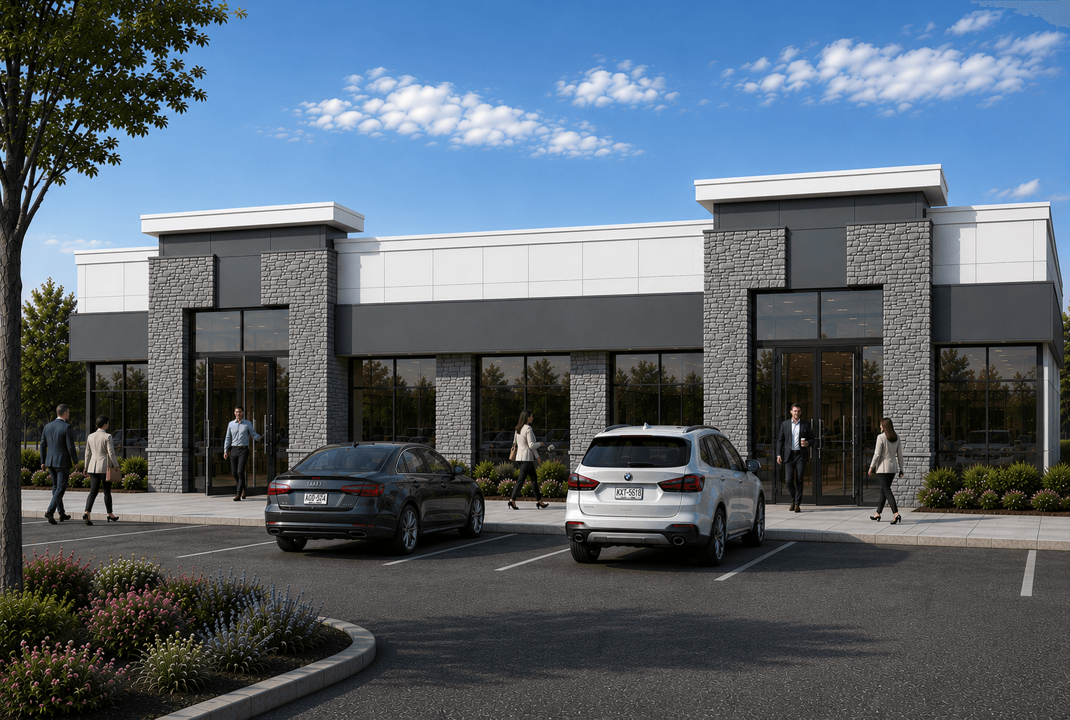 Syosset — retail development rendering with storefronts and parking